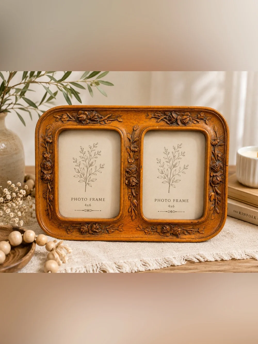 Wood Carved Double Photo Frame in Warm Honey Brown rosebuds vintage Victorian